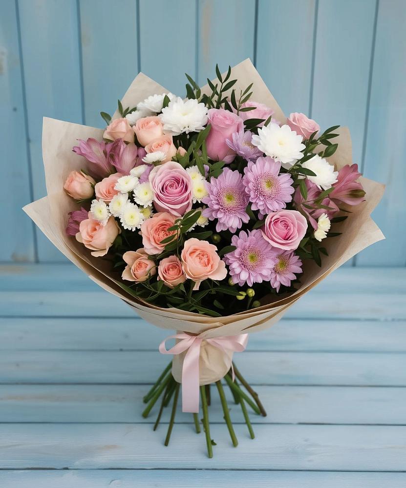 Букет цветов из: Хризантемы, Розы и Альстромерии в Целеево