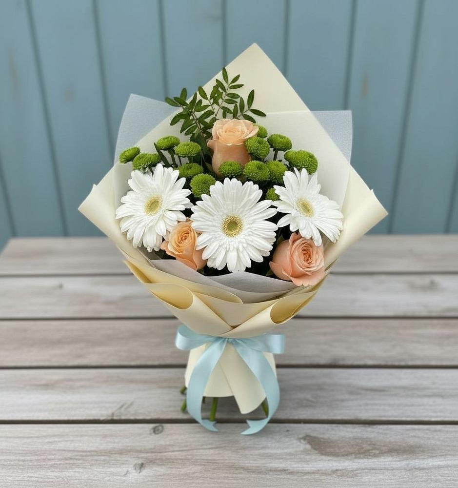 Букет цветов из: Герберы, Розы и Хризантемы в Целеево